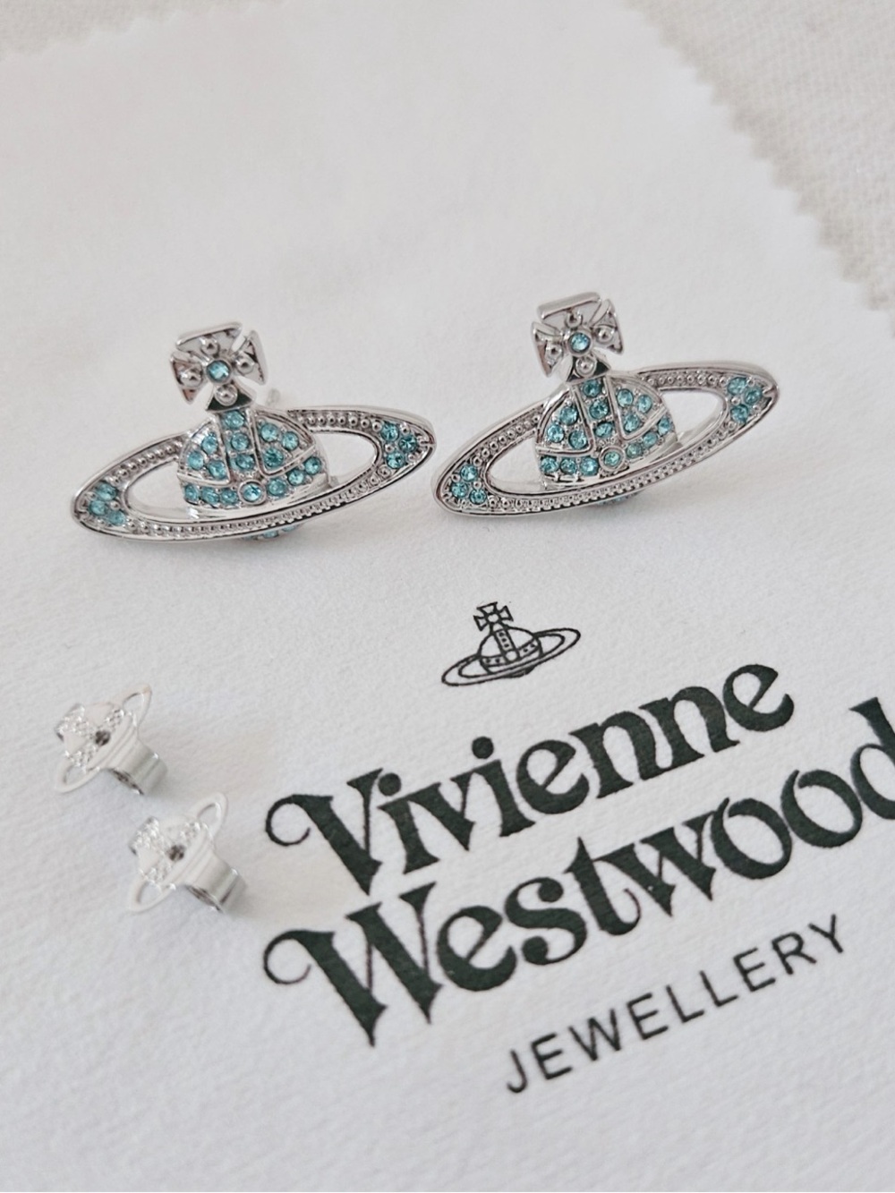 Vivienne Westwood Silver Orb Earrings with Aqua Crystals